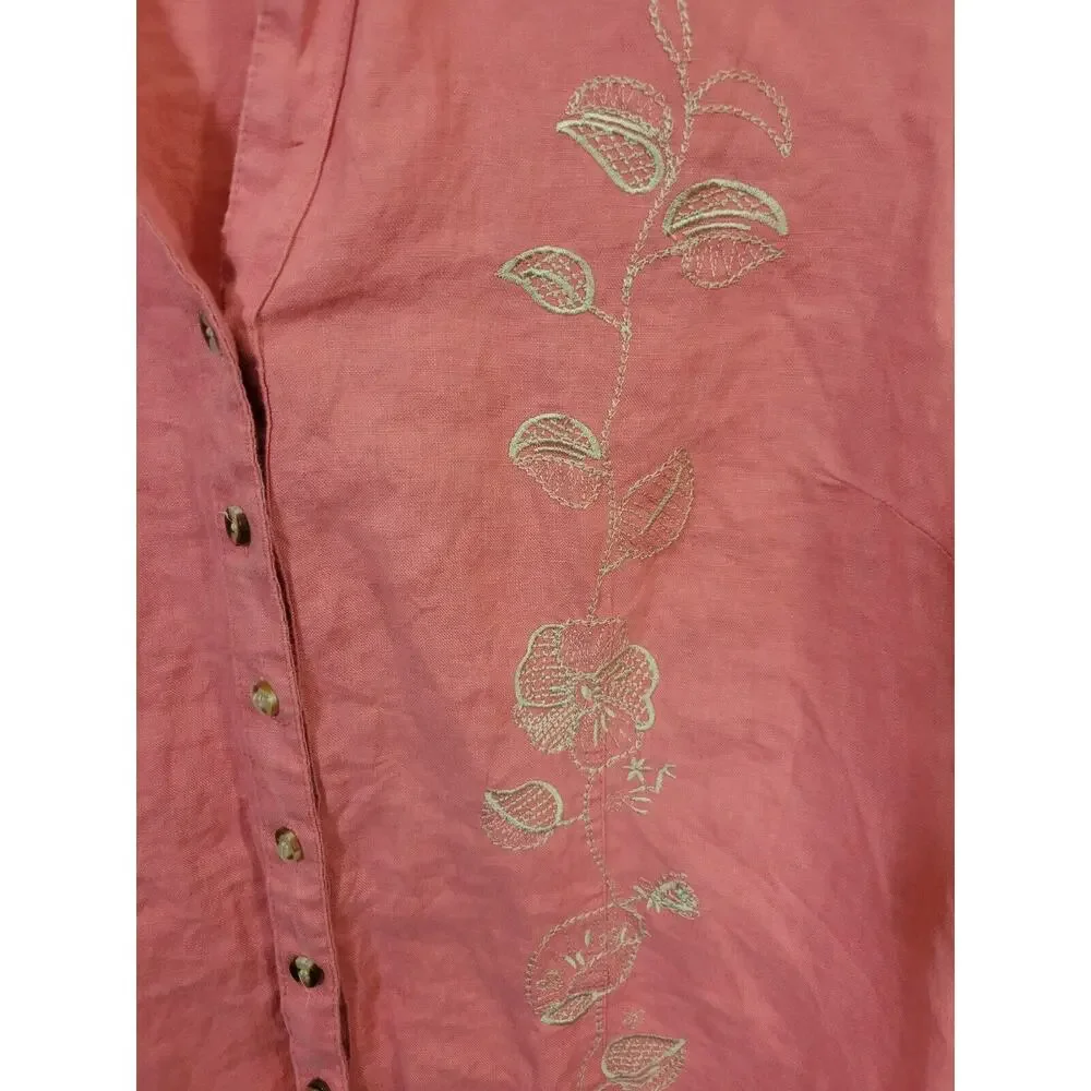 JM Collection Peach Embroidered 100% linen 3/4 Sleeve‎ Top Women's Size 14P